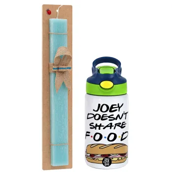 Joey Doesn't Share Food, Easter Set, Children's thermal stainless steel bottle with safety straw, green/blue (350ml) & aromatic flat Easter candle (30cm) (TURQUOISE)
