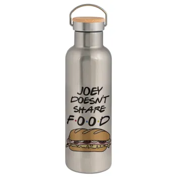 Joey Doesn't Share Food, Μεταλλικό παγούρι θερμός (Stainless steel) Ασημένιο με ξύλινο καπακι (bamboo), διπλού τοιχώματος, 750ml