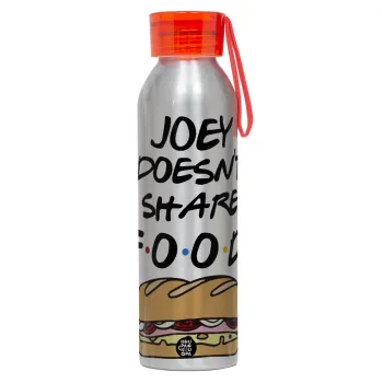 Joey Doesn't Share Food, Αλουμινένιο Αθλητικό Μπουκάλι 650ml – Ασημί με Κόκκινο Καπάκι και Λουράκι Σιλικόνης