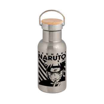 Naruto uzumaki, Μεταλλικό παγούρι θερμός (Stainless steel) Ασημένιο με ξύλινο καπακι (bamboo), διπλού τοιχώματος, 350ml