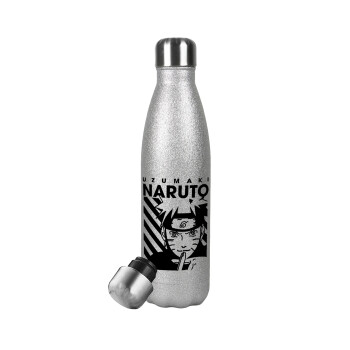 Naruto uzumaki, Metallic Glitter Silver Thermos Flask (Stainless steel), double-walled, 500ml