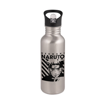 Naruto uzumaki, Water bottle Silver with straw, stainless steel 600ml