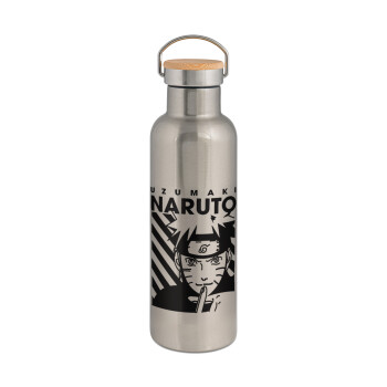 Naruto uzumaki, Stainless steel Silver with wooden lid (bamboo), double wall, 750ml