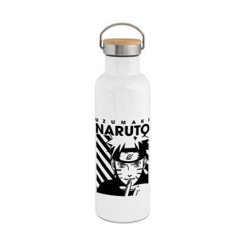 Naruto uzumaki, Stainless steel White with wooden lid (bamboo), double wall, 750ml