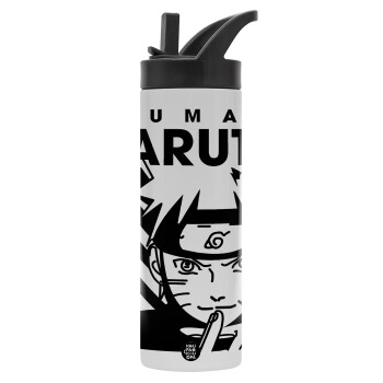 Naruto uzumaki, Metallic thermos bottle with straw & handle, stainless steel (Stainless steel 304), double-walled, 600ml.