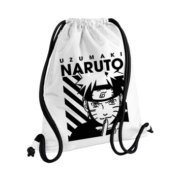 Naruto uzumaki, Τσάντα πλάτης πουγκί GYMBAG λευκή, με τσέπη (40x48cm) & χονδρά κορδόνια