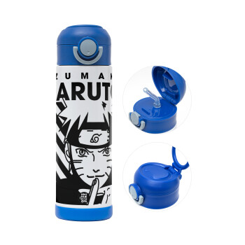 Naruto uzumaki, Children's hot water bottle, stainless steel, with safety straw, BLUE (500ml)