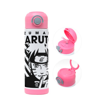 Naruto uzumaki, Children's hot water bottle, stainless steel, with safety straw, PINK (500ml)