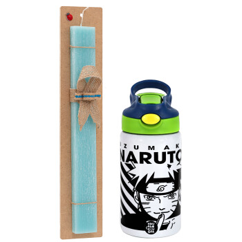 Naruto uzumaki, Easter Set, Children's thermal stainless steel bottle with safety straw, green/blue (350ml) & aromatic flat Easter candle (30cm) (TURQUOISE)