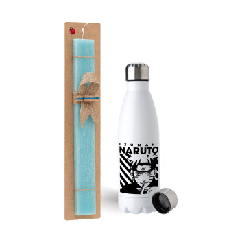 Naruto uzumaki, Easter Set, metallic stainless steel water bottle (750ml) & aromatic flat Easter candle (30cm) (TURQUOISE)