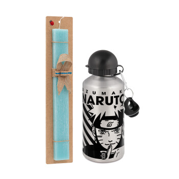 Naruto uzumaki, Easter Set, metallic silver aluminum water bottle (500ml) & scented flat Easter candle (30cm) (TURQUOISE)