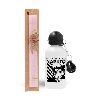 Naruto uzumaki, Πασχαλινό Σετ, παγούρι μεταλλικό αλουμινίου (500ml) & πασχαλινή λαμπάδα αρωματική πλακέ (30cm) (ΡΟΖ)