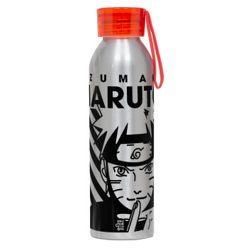 Naruto uzumaki, Αλουμινένιο Αθλητικό Μπουκάλι 650ml – Ασημί με Κόκκινο Καπάκι και Λουράκι Σιλικόνης