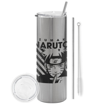 Naruto uzumaki, Eco friendly stainless steel Silver tumbler 600ml, with metal straw & cleaning brush