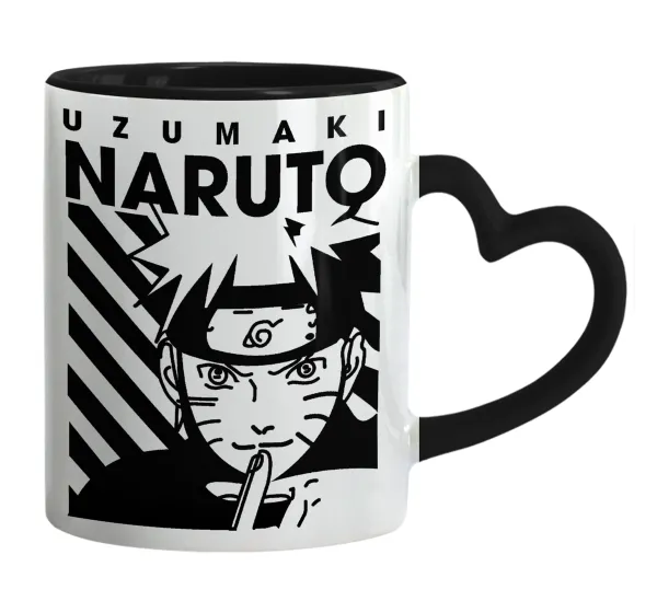 Naruto uzumaki — Κούπα καρδιά χερούλι μαύρη, κεραμική, 330ml