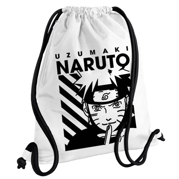 Naruto uzumaki — Τσάντα πλάτης πουγκί GYMBAG λευκή, με τσέπη (40x48cm) & χονδρά κορδόνια