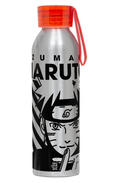 Naruto uzumaki — Αλουμινένιο Αθλητικό Μπουκάλι 650ml – Ασημί με Κόκκινο Καπάκι και Λουράκι Σιλικόνης