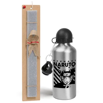 Naruto uzumaki, Easter Set, metallic silver aluminum water bottle (500ml) & aromatic flat Easter candle (30cm) (GRAY)