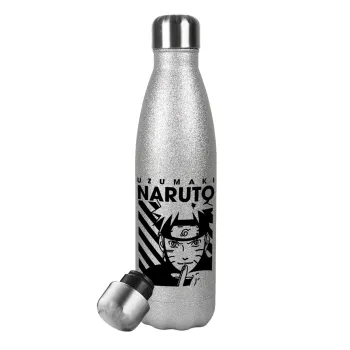 Naruto uzumaki, Metallic Glitter Silver Thermos Flask (Stainless steel), double-walled, 500ml