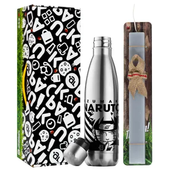 Naruto uzumaki, Easter Set, metallic stainless thermos flask (500ml) & scented flat Easter candle (30cm) (GRAY)
