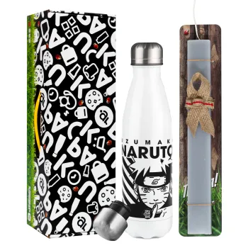 Naruto uzumaki, Easter candle, metallic white thermos bottle (500ml) & aromatic flat candle (30cm) (GRAY)