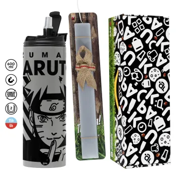 Naruto uzumaki, Πασχαλινή Λαμπάδα με Travel Tumbler θερμό (600ml, BPA free) & κερί αρωματικό πλακέ (30cm) (ΓΚΡΙ)