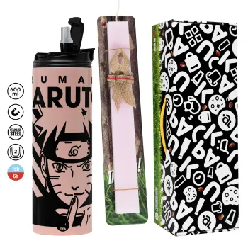 Naruto uzumaki, Πασχαλινή Λαμπάδα με  ΡΟΖ Travel Tumbler θερμό (600ml, BPA free) & κερί αρωματικό πλακέ (30cm) (ΡΟΖ)