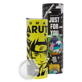 Naruto uzumaki, Neon Yellow Travel Tumbler θερμό, μεταλλικό καλαμάκι(Ανωξείδωτο 304 Food grade, BPA free, 600ml)