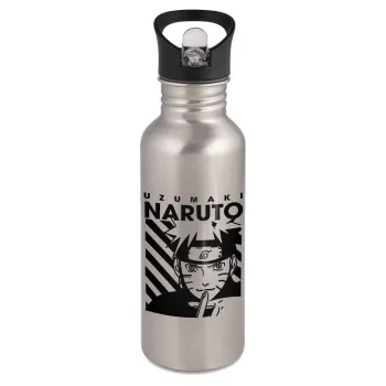 Naruto uzumaki, Water bottle Silver with straw, stainless steel 600ml