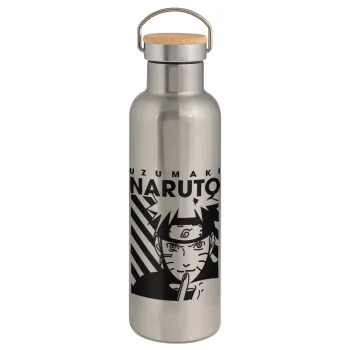 Naruto uzumaki, Stainless steel Silver with wooden lid (bamboo), double wall, 750ml