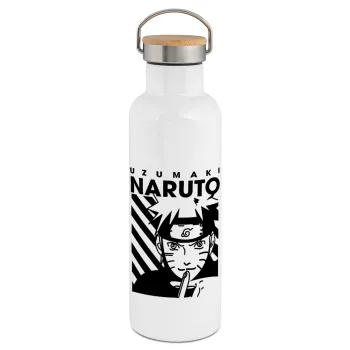 Naruto uzumaki, Stainless steel White with wooden lid (bamboo), double wall, 750ml