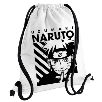 Naruto uzumaki, Backpack pouch GYMBAG white, with pocket (40x48cm) & thick cords