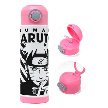 Naruto uzumaki, Children's hot water bottle, stainless steel, with safety straw, PINK (500ml)