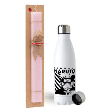 Naruto uzumaki, Easter Set, metallic stainless steel water bottle (750ml) & scented flat Easter candle (30cm) (PINK)