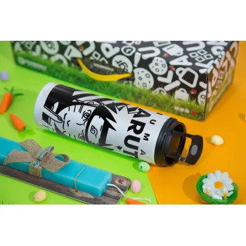 Naruto uzumaki, Πασχαλινή Λαμπάδα με Travel Tumbler θερμό με διπλό καπάκι (600ml, BPA free) & κερί αρωματικό πλακέ (30cm) (ΤΙΡΚΟΥΑΖ)