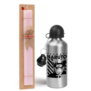 Naruto uzumaki, Easter Set, metallic Silver aluminum water bottle (500ml) & scented flat Easter candle (30cm) (PINK)