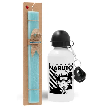 Naruto uzumaki, Easter Set, metallic aluminum water bottle (500ml) & scented flat candle (30cm) (TURQUOISE)