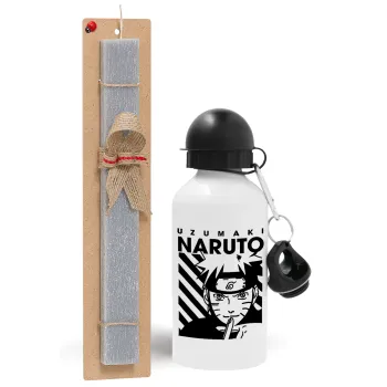 Naruto uzumaki, Πασχαλινή Λαμπάδα με παγούρι μεταλλικό  αλουμινίου (500ml) & κερί αρωματικό πλακέ (30cm) (ΓΚΡΙ)
