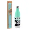 Easter Set, Metallic green/white thermos (Stainless steel), double-walled, 500ml & scented flat Easter candle (30cm) (TURQUOISE)