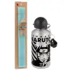 Easter Set, metallic silver aluminum water bottle (500ml) & scented flat Easter candle (30cm) (TURQUOISE)