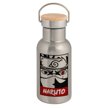 Naruto anime, Stainless steel metallic thermos flask, silver with a bamboo lid, double-walled, 350ml.