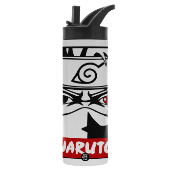 Naruto anime, Metallic thermos bottle with straw & handle, stainless steel (Stainless steel 304), double-walled, 600ml.