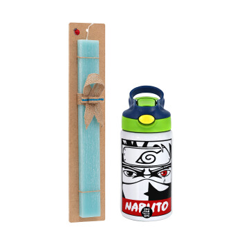 Naruto anime, Easter Set, Children's thermal stainless steel bottle with safety straw, green/blue (350ml) & aromatic flat Easter candle (30cm) (TURQUOISE)
