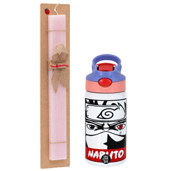 Naruto anime, Easter Set, Children's thermal stainless steel water bottle with safety straw, pink/purple (350ml) & Easter scented flat candle (30cm) (PINK)