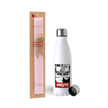 Naruto anime, Easter Set, metallic stainless steel water bottle (750ml) & scented flat Easter candle (30cm) (PINK)