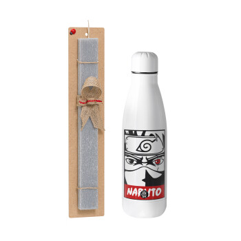 Naruto anime, Easter Set, metallic stainless thermos bottle (500ml) & scented flat Easter candle (30cm) (GRAY)
