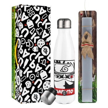 Naruto anime, Easter candle, metallic white thermos bottle (500ml) & aromatic flat candle (30cm) (GRAY)