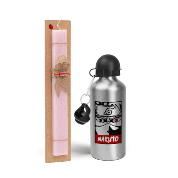 Naruto anime, Easter Set, metallic Silver aluminum water bottle (500ml) & scented flat Easter candle (30cm) (PINK)