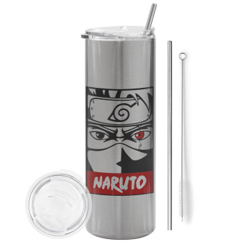 Naruto anime, Eco friendly ποτήρι θερμό Ασημένιο (tumbler) από ανοξείδωτο ατσάλι 600ml, με μεταλλικό καλαμάκι & βούρτσα καθαρισμού