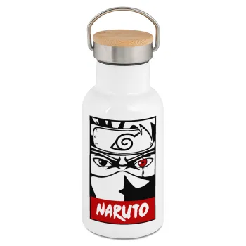 Naruto anime, Μεταλλικό παγούρι θερμός (Stainless steel) Λευκό με ξύλινο καπακι (bamboo), διπλού τοιχώματος, 350ml